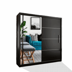 Black sliding door wardrobe with mirror, modern bedroom storage solution solid furniture UK