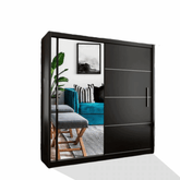 Black sliding door wardrobe with mirror, modern bedroom storage solution