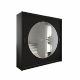 Black sliding wardrobe with mirrored doors, shelves, and hanging rails