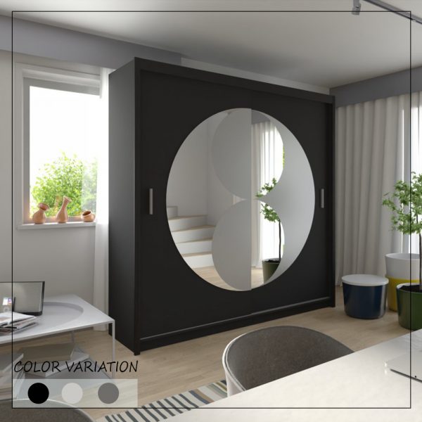 Black sliding wardrobe with full length mirror, shelves and hanging rail solid furniture UK