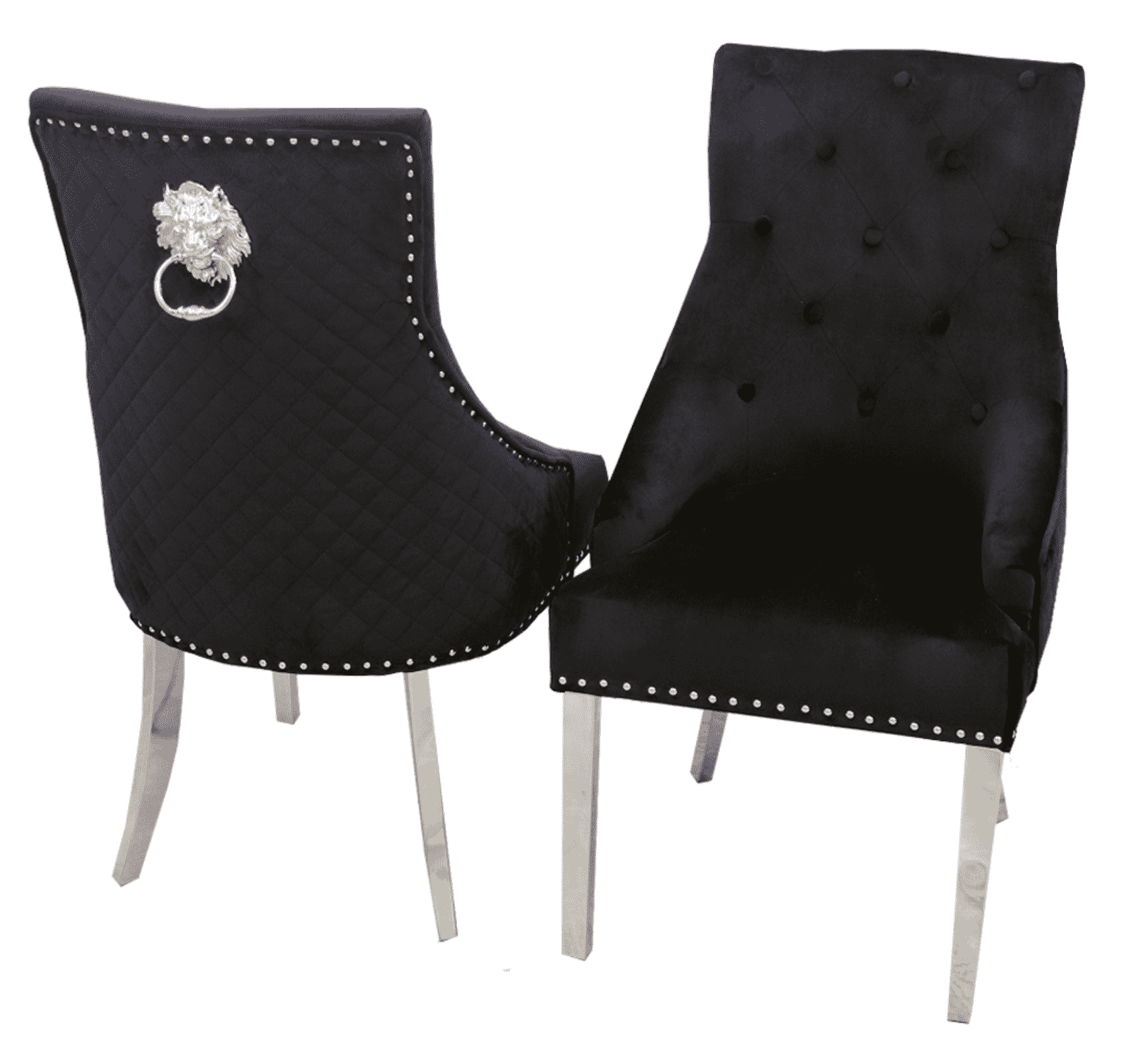 Black velvet Bentley dining chair UK lion knocker main front view by Solid Furniture UK showing elegant velvet upholstery and chrome legs