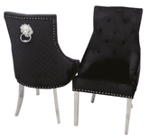 Black velvet Bentley dining chair UK lion knocker main front view by Solid Furniture UK showing elegant velvet upholstery and chrome legs