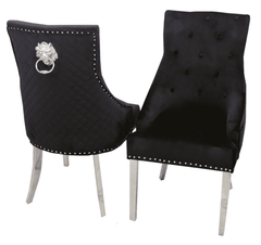 Black velvet Bentley dining chair UK lion knocker main front view by Solid Furniture UK showing elegant velvet upholstery and chrome legs
