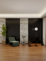 Room-installed view of black WPC wall panels from Solid Furniture UK creating a modern feature wall with seamless design, waterproof finish, and luxury interior cladding style.