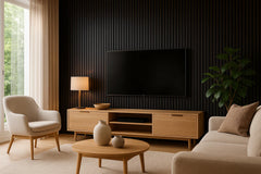 Modern interior featuring 3-sided black acoustic slat panels (32 x 240mm) installed on a feature wall, highlighting depth and contrast in a living space. solid furniture UK