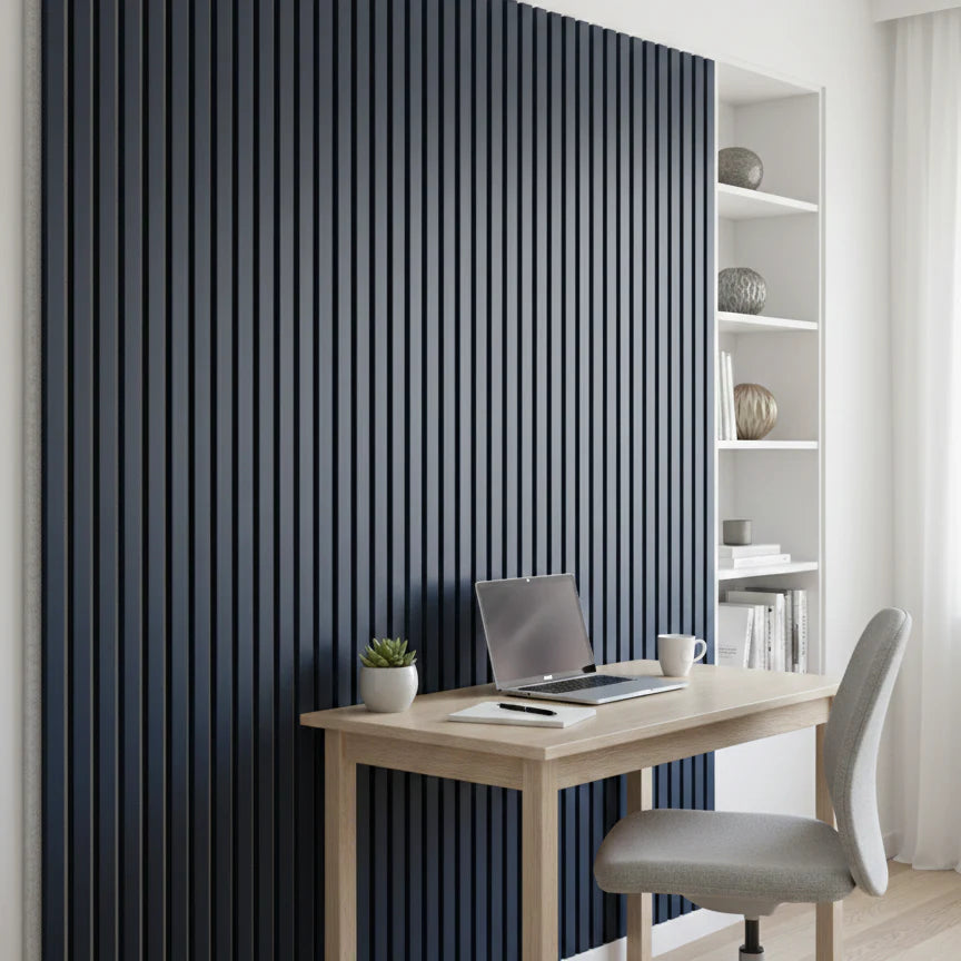 Front main view of blue on grey felt 3-sided acoustic slat wall panel 32 x 240 cm showing bold vertical slats and modern design solid furniture UK