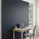 Front main view of blue on grey felt 3-sided acoustic slat wall panel 32 x 240 cm showing bold vertical slats and modern design solid furniture UK