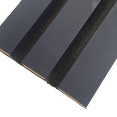 Close-up of 3-sided Blue Color Acoustic Slat Panel with slat size 32 x 240mm, showing smooth finished edges, consistent color, and built-in acoustic felt backing for sound absorption.