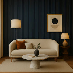 Blue Color Acoustic Slat Panels with 32 x 240mm slats installed on a feature wall in a living room, showing stylish modern design and striking contrast.