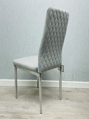 Side view of California light grey velvet dining chair showing chrome legs and slim modern profile set of 4 by Solid Furniture UK