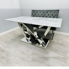 Front view of California Grey Marble luxury dining set by Solid Furniture UK showing marble table and tufted velvet chairs