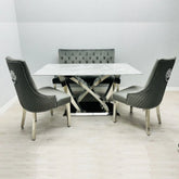 Luxury California Grey Marble dining set main view by Solid Furniture UK featuring marble table and velvet chairs