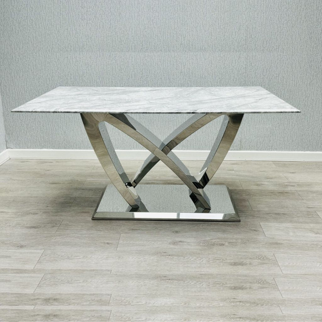 California Grey Marble Dining Table main view showing luxury marble top and chrome pedestal base in modern dining room solid furniture UK