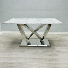 California Grey Marble Dining Table main view showing luxury marble top and chrome pedestal base in modern dining room solid furniture UK