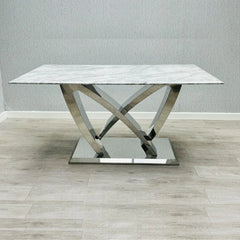 Luxury California Grey Marble dining table main view by Solid Furniture UK with chrome pedestal base