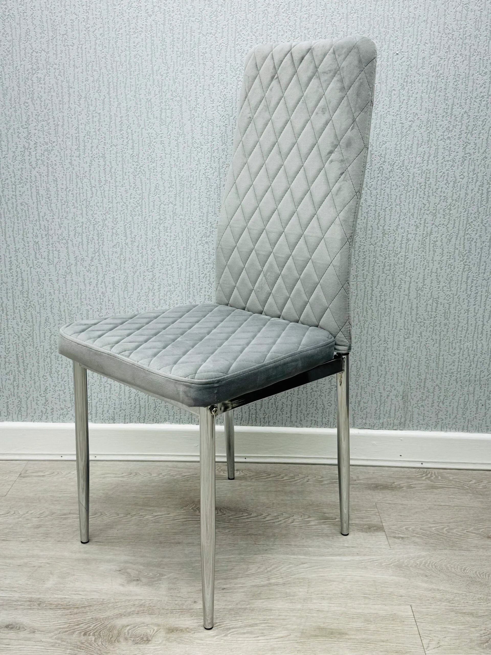 California light grey velvet dining chair main view showing high back design and chrome legs set of 4 by Solid Furniture UK