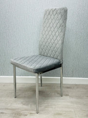 California light grey velvet dining chair main view showing high back design and chrome legs set of 4 by Solid Furniture UK