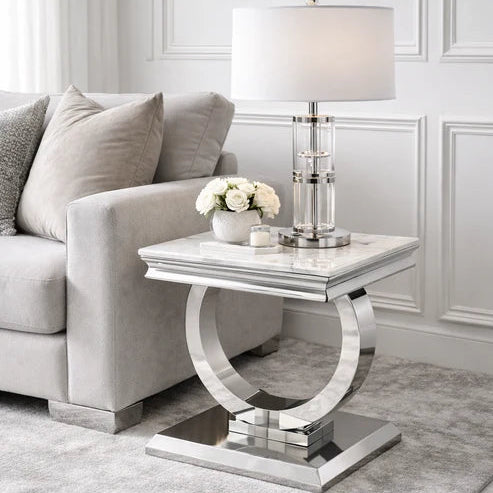 Chelsea 50x50cm lamp table with marble or ceramic top in a living room | Solid Furniture UK