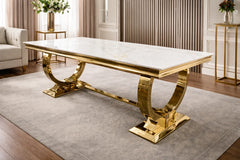 Chelsea dining table with Kasi Gold ceramic top and polished gold base – Solid Furniture UK