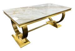 Chelsea dining table side view with Kasi Gold ceramic top and polished gold base – Solid Furniture UK