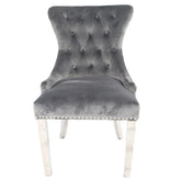 Dark grey Chelsea velvet dining chair main view with lion knocker and chrome legs by Solid Furniture UK, set of 2