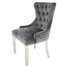 Dark grey Chelsea velvet dining chair side angle view with ring knocker and chrome legs by Solid Furniture UK, set of 2
