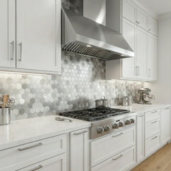 Chrome hexagon mosaic wall tiles 30 x 30cm pack of 10 by Solid Furniture LTD installed as stylish kitchen backsplash