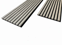 Side view of concrete 3-sided acoustic slat wall panel 32 x 240 cm showing panel depth, slat thickness, and felt backing solid furniture UK