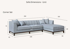 Dimensions of Cooper right-hand corner sofa showing 292 cm length and 182 cm chaise section solid furniture UK