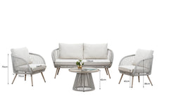 Cove 4 seater garden lounge set dimensions showing sofa, chair, and coffee table measurements for garden and patio furniture setup in UK outdoor spaces solid furniture UK