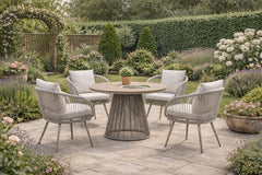 Modern rattan garden dining set with 4 chairs and wood-effect round table for patio and garden solid furniture UK