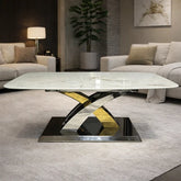 Cream marble coffee table styled in a modern living room, showcasing its elegant top and contemporary base by Solid Furniture UK