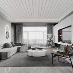 Cream WPC ceiling wall panels installed in a modern living room – Solid Furniture UK