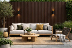 Installed dark brown outdoor wall panels 16x240cm pack of 12 UK by Solid Furniture LTD on exterior wall with rich wood-effect modern finish