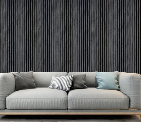 Dark grey acoustic slatted HDF wall panel installed on interior wall solid furniture uk