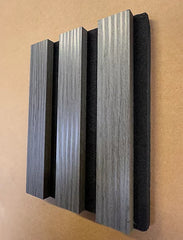 Close-up of dark grey wall panels 60x240 by Solid Furniture UK showing HDF slats, spacing, and textured surface detail