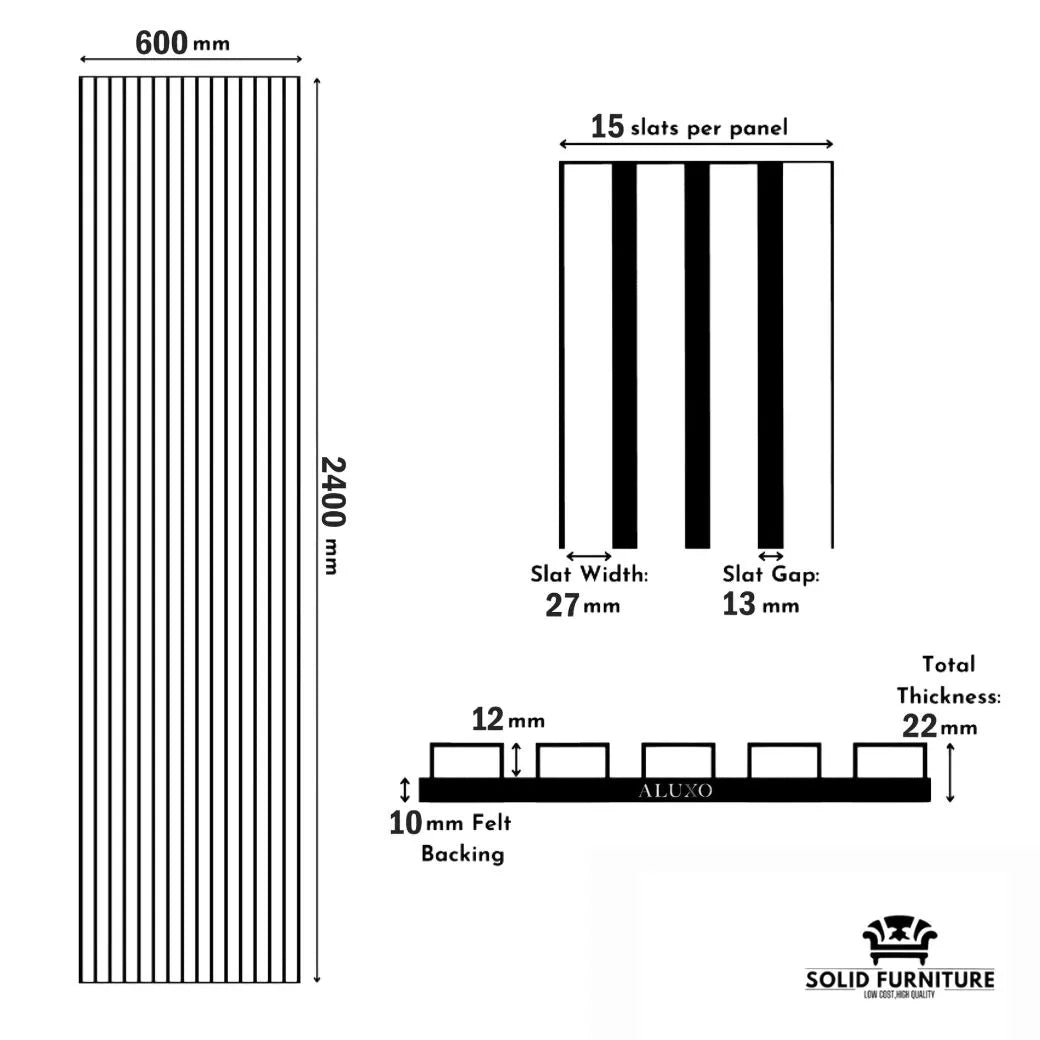 Technical diagram of Dark Oak 60x240cm wall panel by Solid Furniture UK showing dimensions, slat width, spacing, and panel depth