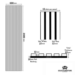 Technical diagram of Dark Oak 60x240cm wall panel by Solid Furniture UK showing dimensions, slat width, spacing, and panel depth