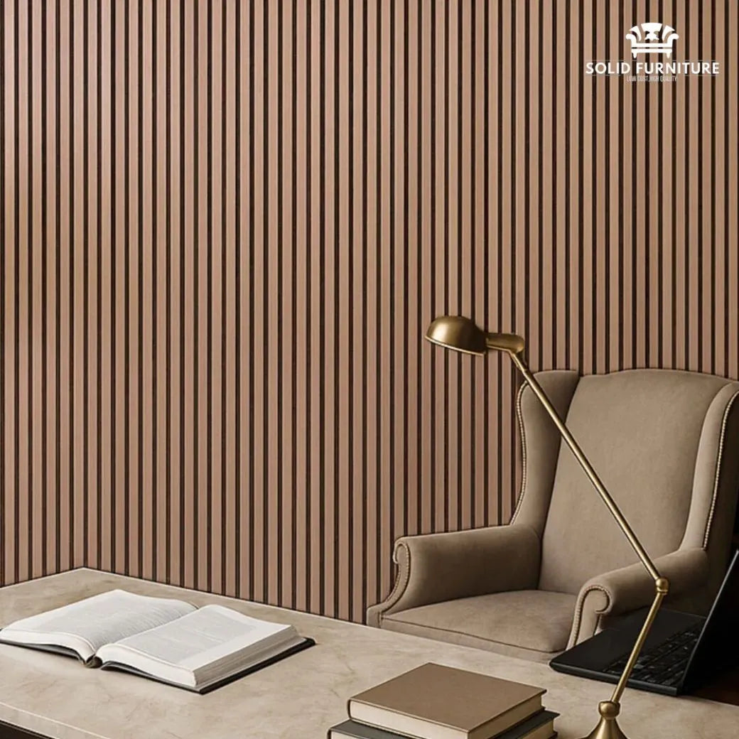 Full room view featuring Dark Oak 60x240cm acoustic wall panels by Solid Furniture UK installed in a modern living space for stylish sound absorption
