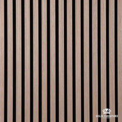 Side view of Dark Oak 60x240cm wall panel by Solid Furniture UK showing thickness, slat structure, and acoustic backing detail