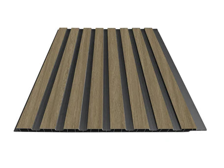 Dark Oak WPC wall panels with modern slatted design for walls and ceilings Sold Furniture UK