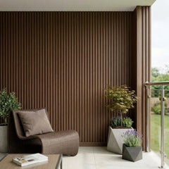 Dark oak WPC wall panels installed on a living room feature wall – Solid Furniture UK
