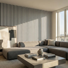 Dove grey 3-sided acoustic slat wall panels 32 x 240 cm installed in a modern living room creating a sleek contemporary feature wall solid furniture UK