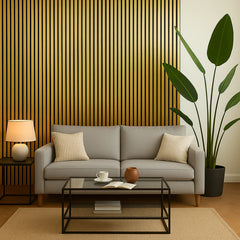 Gold 3-sided acoustic slat wall panels 32 x 240 cm installed in a modern living room showing seamless wall finish and luxurious interior design. solid furniture UK