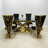Gold and black Elina marble dining table with Vienna dining chairs, modern luxury dining set for 6–8 people with elegant pedestal base and upholstered seating. solid furniture UK