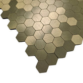 Close-up of gold mini hexagon mosaic wall tiles 30 x 30cm pack of 10 by Solid Furniture LTD highlighting texture and polished finish