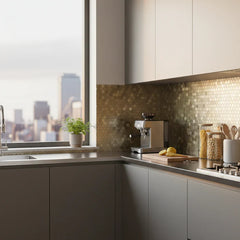 Gold mini hexagon mosaic wall tiles 30 x 30cm pack of 10 by Solid Furniture LTD installed as kitchen backsplash