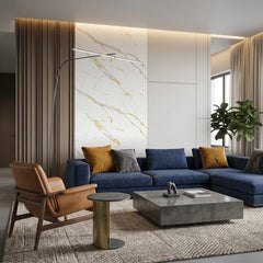 Gold and white marble style PVC wall panels 90×240cm used as a feature wall in a modern living room by Solid Furniture UK