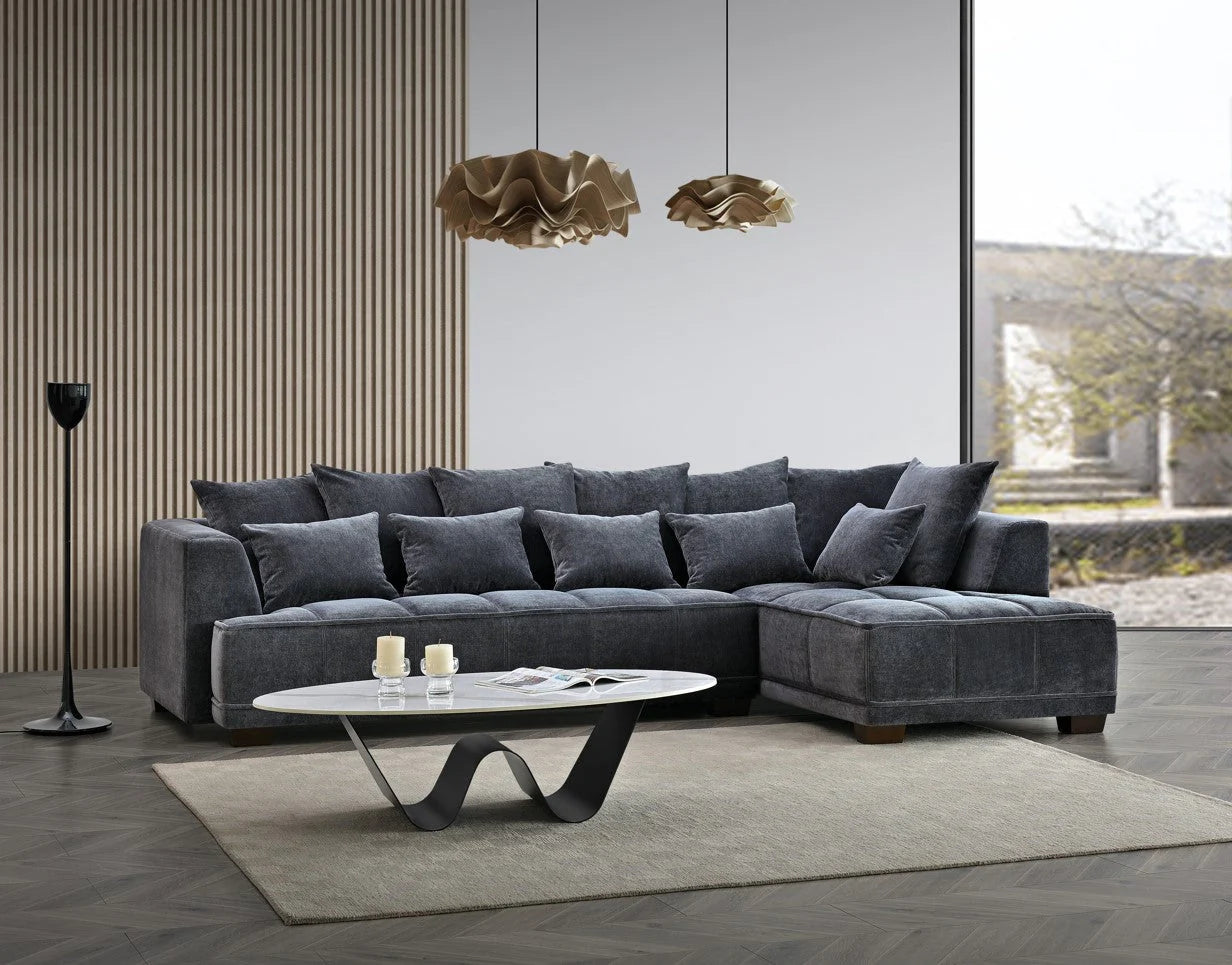 Gramercy luxury corner sofa in steel grey velvet fabric – modern L-shape sofa main view solid furniture UK