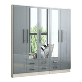 Grey gloss 5 door wardrobe with 6 drawers and 3 mirrors for modern bedroom storage
